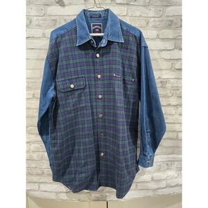 Vintage Facconable Jeans L Button Down Denim Jacket front Plaid Green Blue